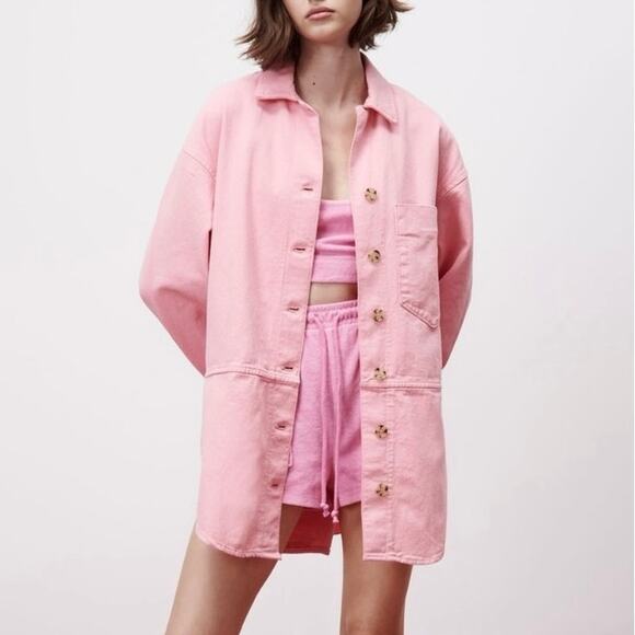 Zara Oversized Pink Denim Jacket Jean Shacket Button Front Medium - Picture 11 of 13